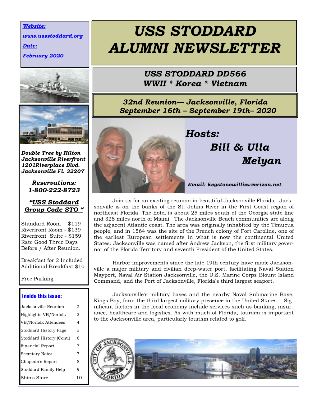 USS Stoddard Alumni Newsletter—February 2020 Page 2 the Following Are Some of the Events We Are Looking Into for the Reunion