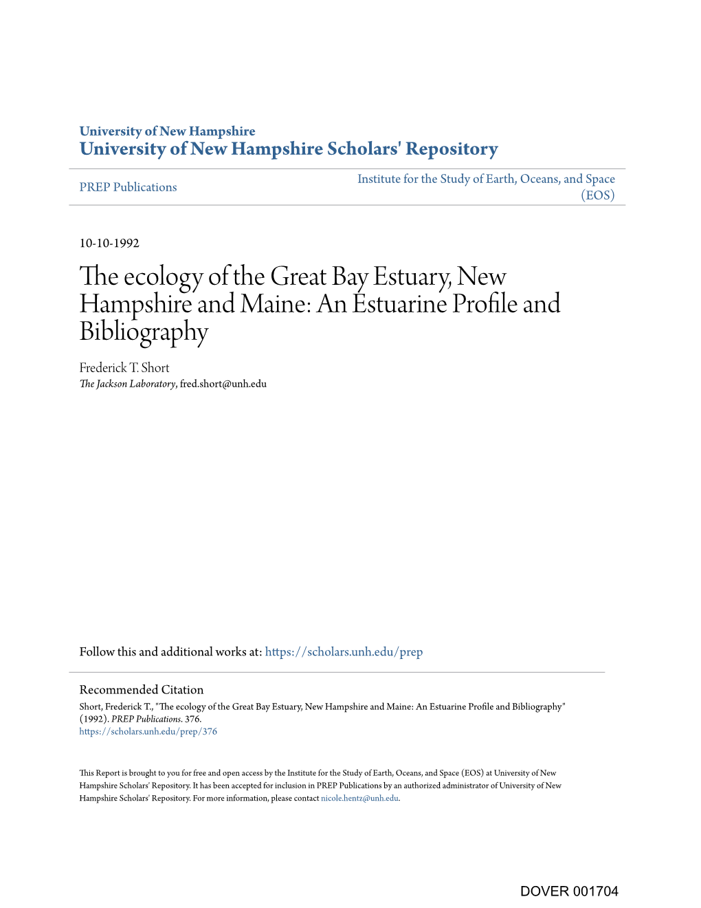 The Ecology of the Great Bay Estuary, New Hampshire and Maine: an Estuarine Profile and Bibliography Frederick T