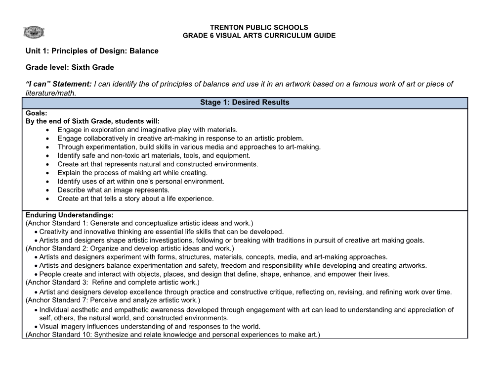 Grade 6 Visual Arts Curriculum Guide