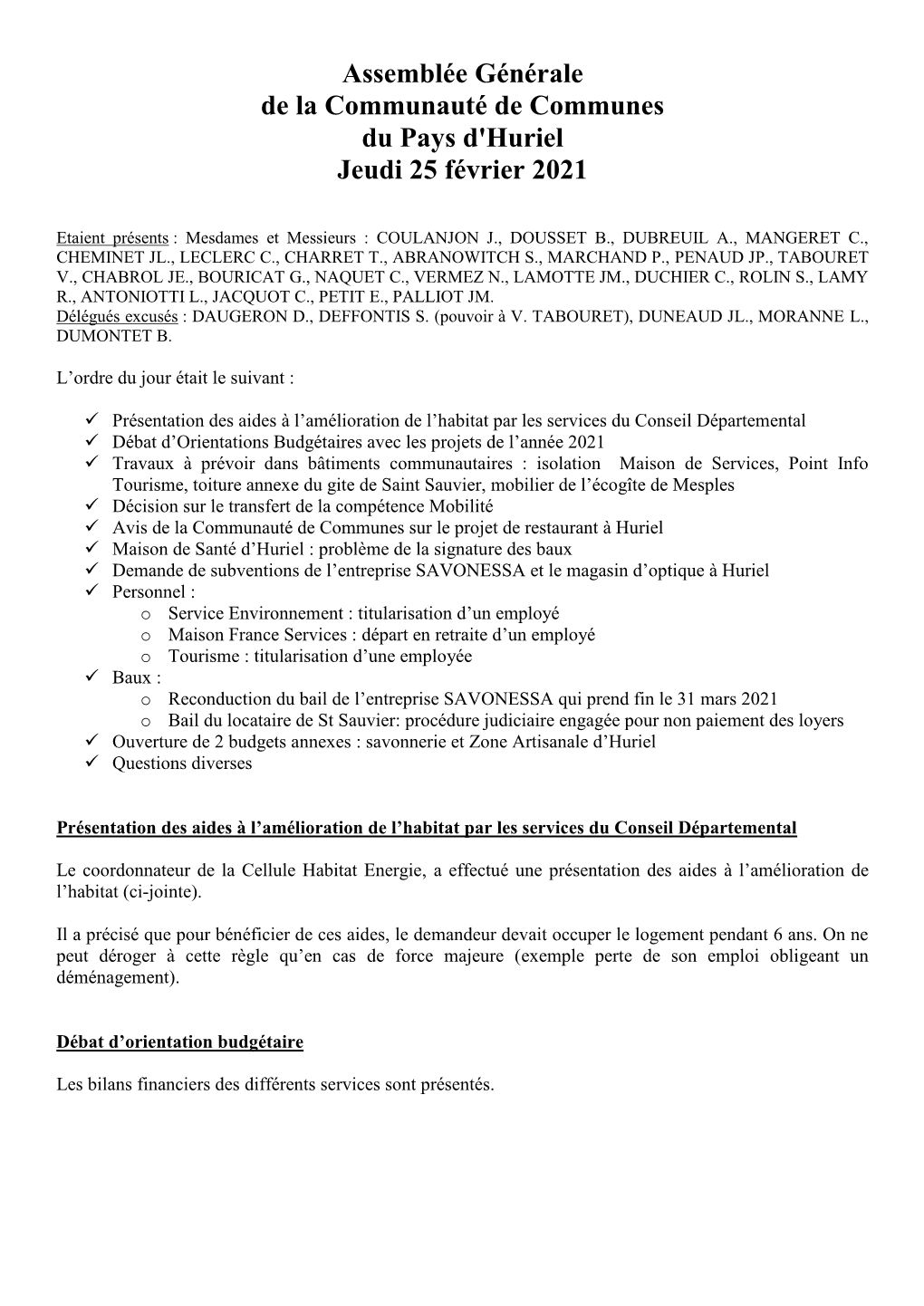 Assemblée Générale De La Communauté De Communes Du Pays D'huriel Jeudi 25 Février 2021