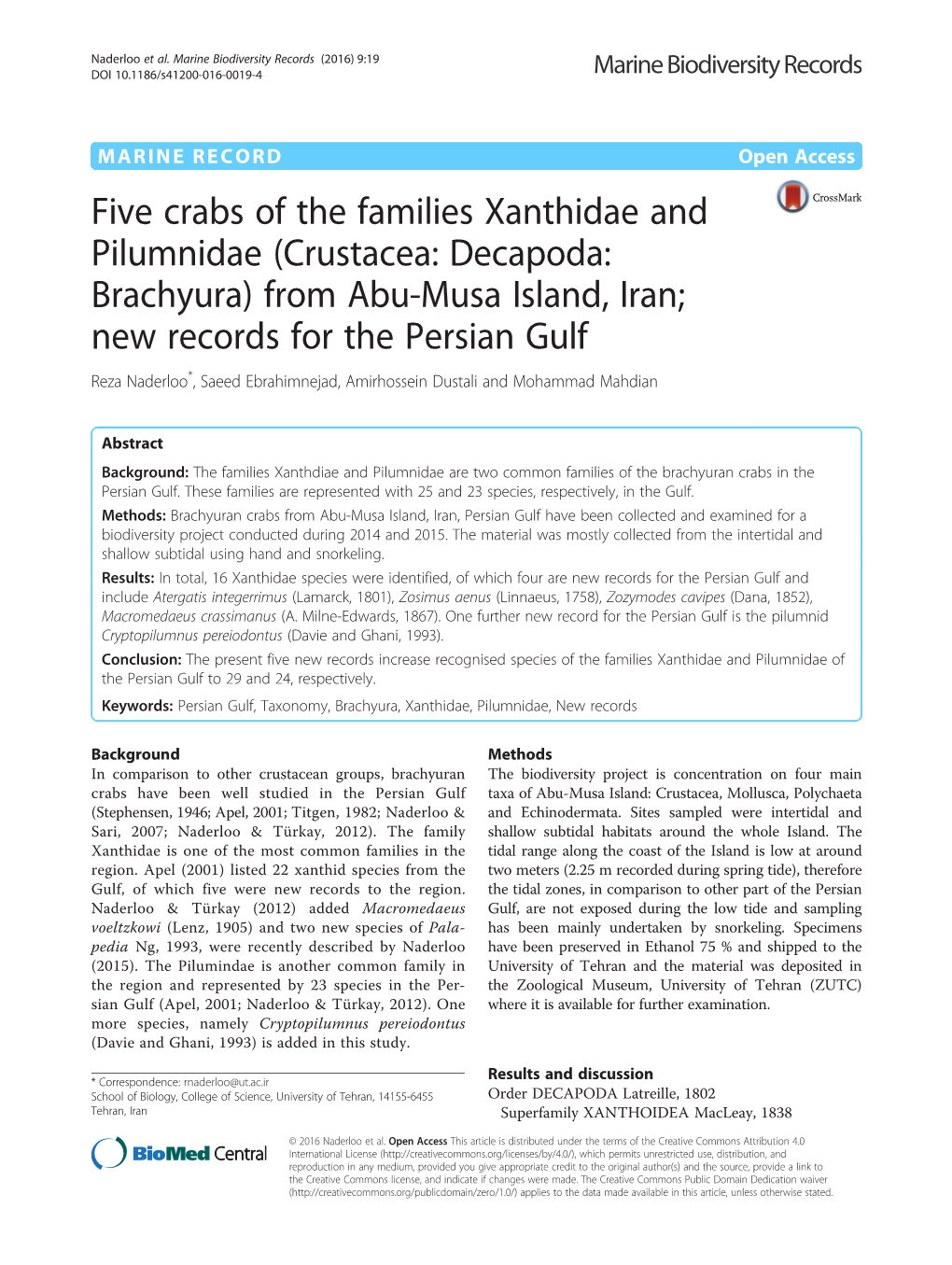 Five Crabs of the Families Xanthidae and Pilumnidae (Crustacea