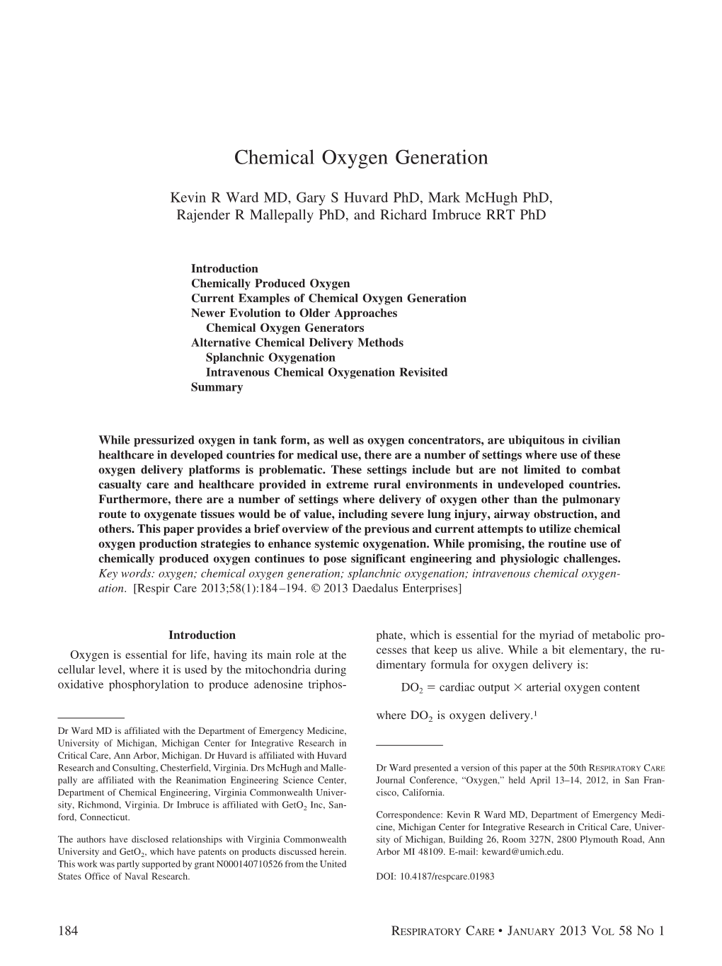 Chemical Oxygen Generation