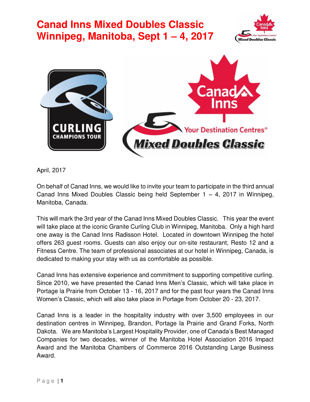 Canad Inns Mixed Doubles Classic Winnipeg, Manitoba, Sept 1 – 4, 2017