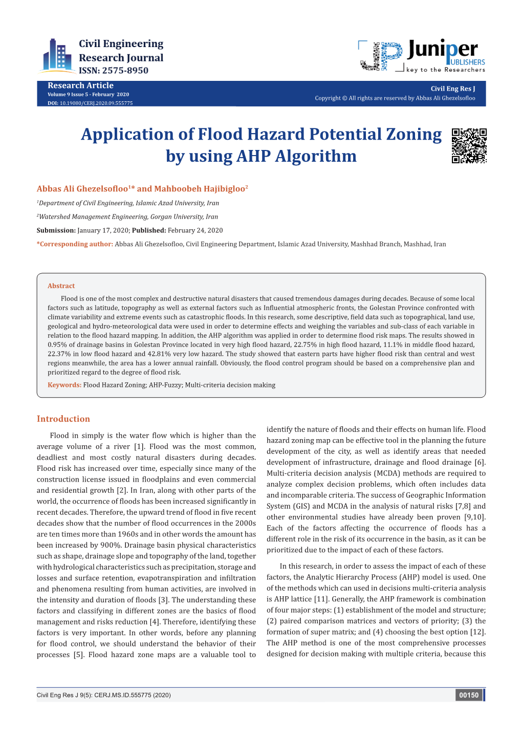 Application of Flood Hazard Potential Zoning by Using AHP Algorithm