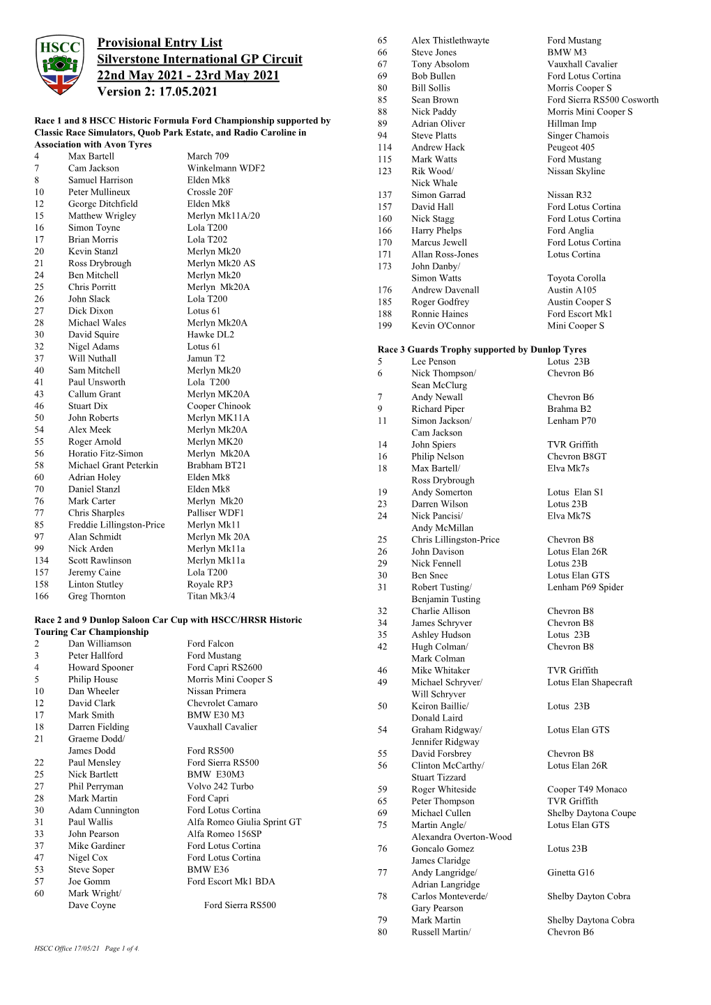 Provisional Entry List Silverstone International GP Circuit 22Nd May