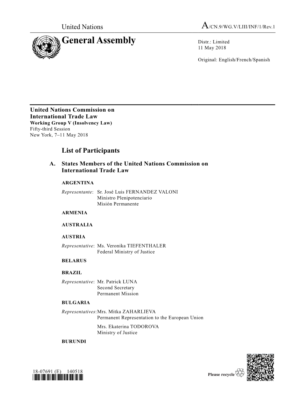 General Assembly Distr.: Limited 11 May 2018