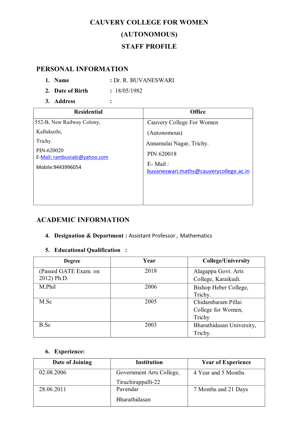 Cauvery College for Women (Autonomous) Staff Profile