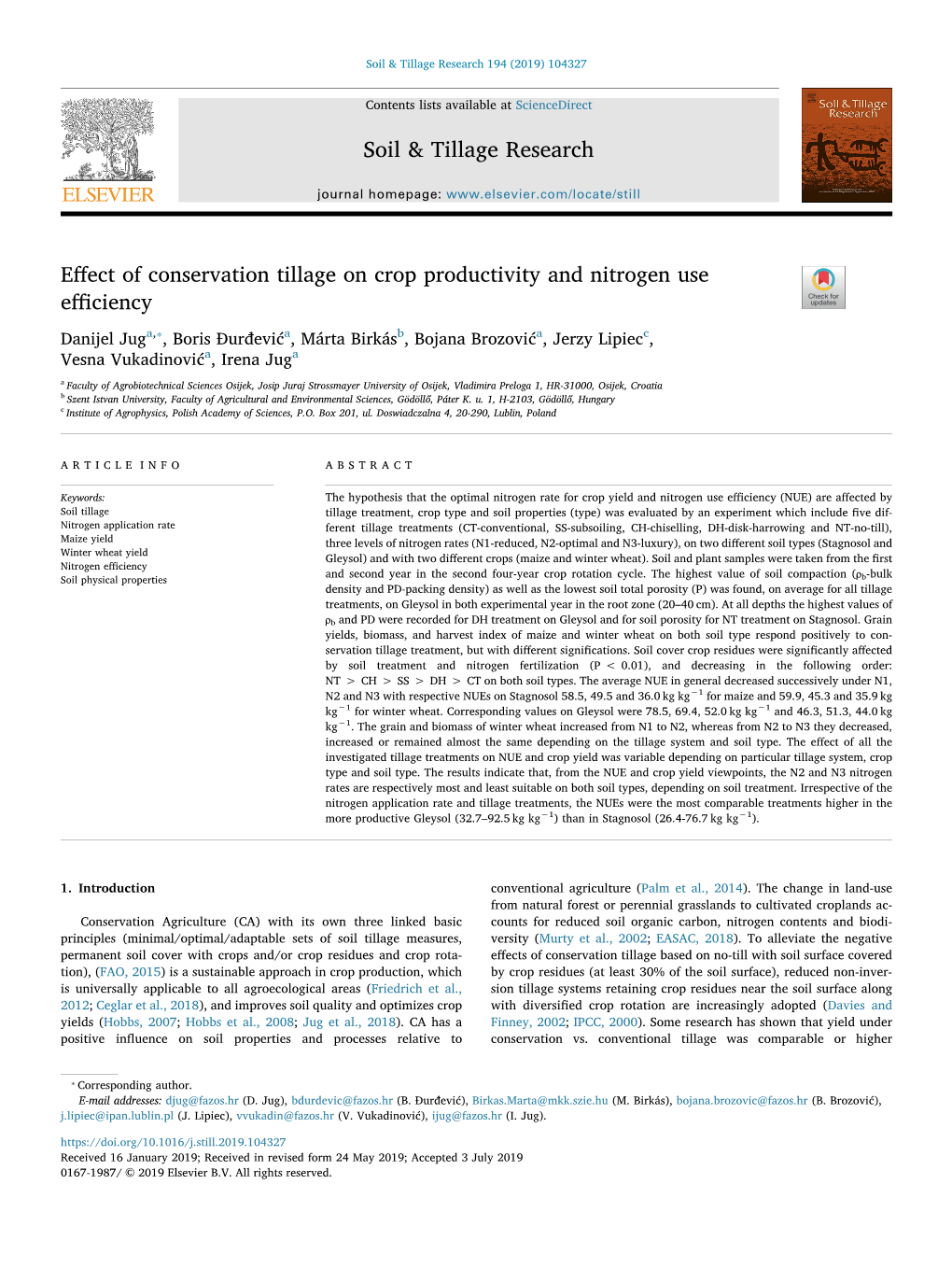 Effect of Conservation Tillage on Crop Productivity and Nitrogen Use