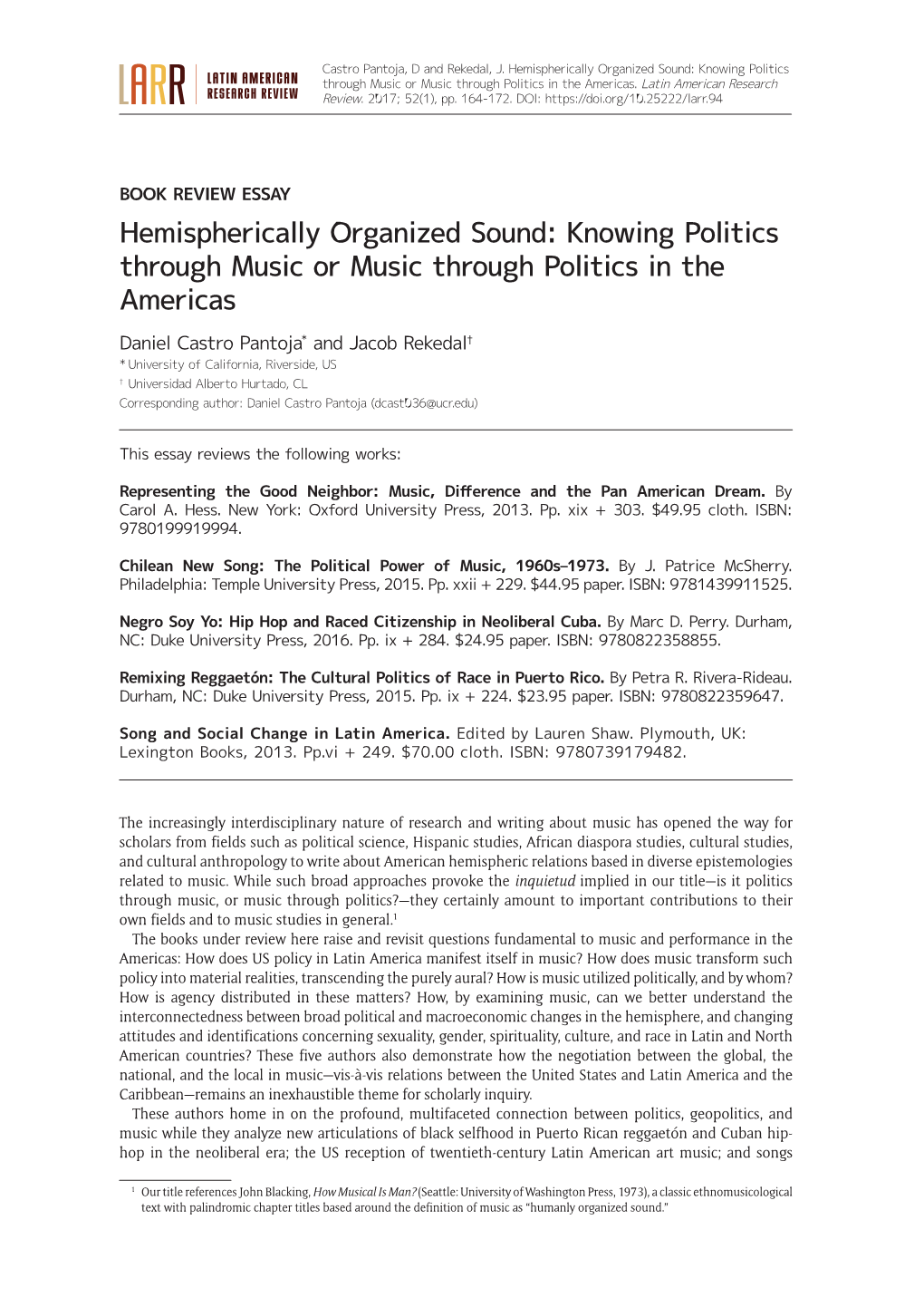 Hemispherically Organized Sound: Knowing Politics Through Music Or Music Through Politics in the Americas