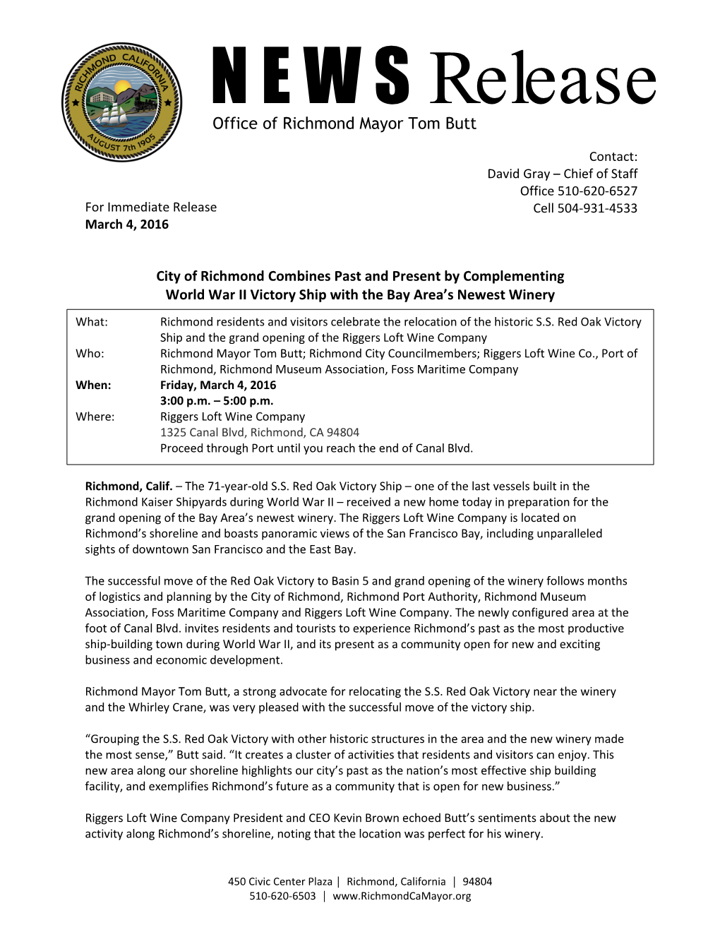 N E W S Release Office of Richmond Mayor Tom Butt