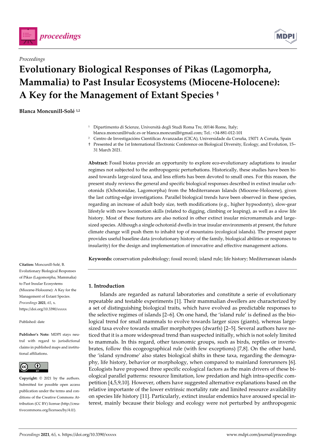 Evolutionary Biological Responses of Pikas (Lagomorpha, Mammalia) to Past Insular Ecosystems (Miocene-Holocene): a Key for the Management of Extant Species †