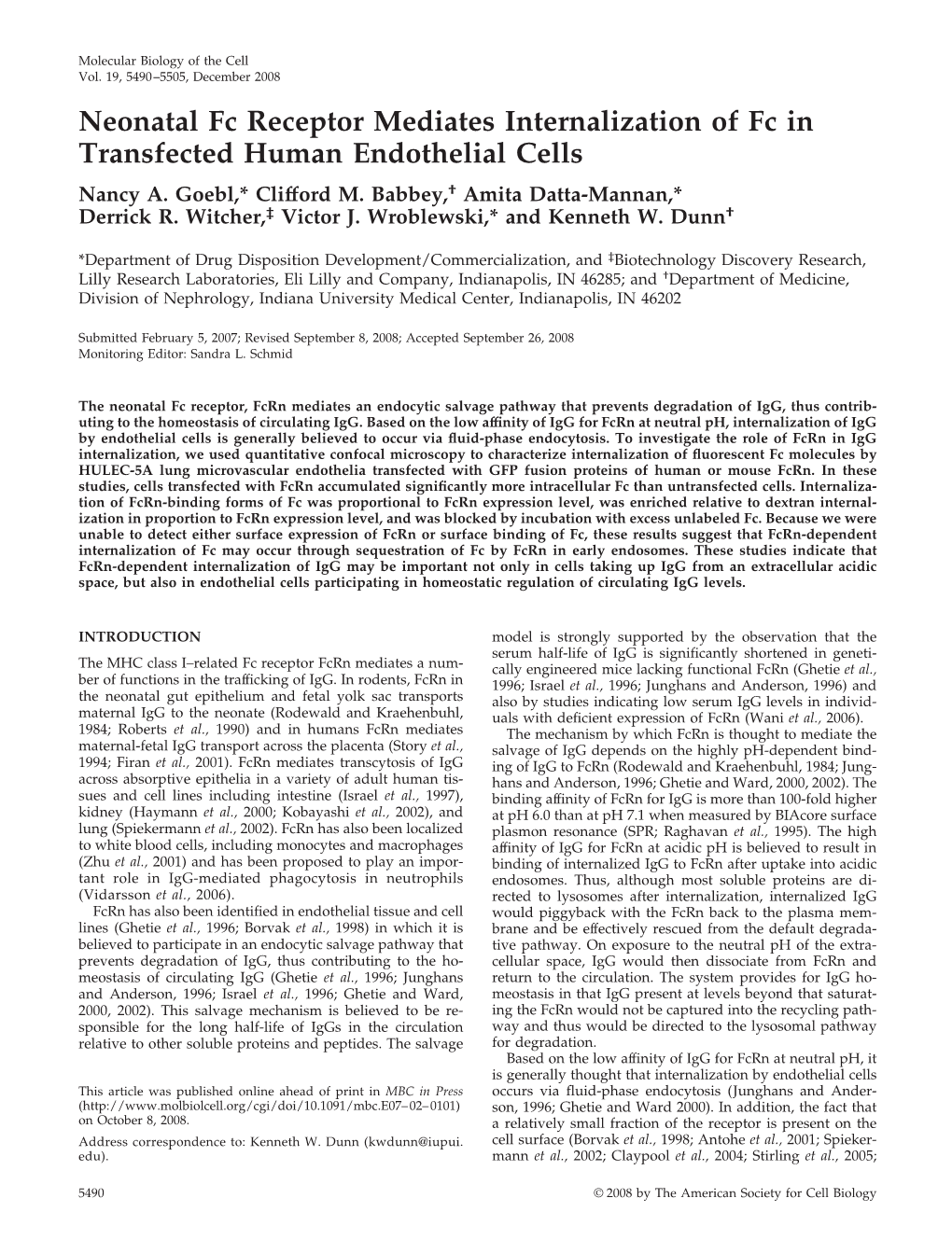 Neonatal Fc Receptor Mediates Internalization of Fc in Transfected Human Endothelial Cells Nancy A