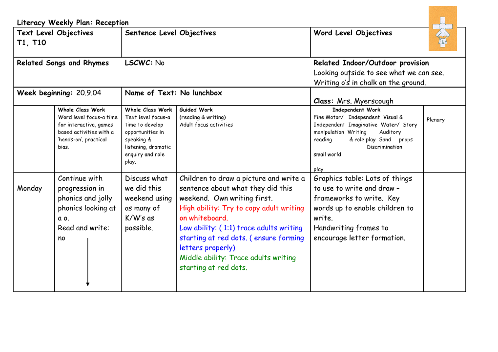 Literacy Weekly Plan: Reception