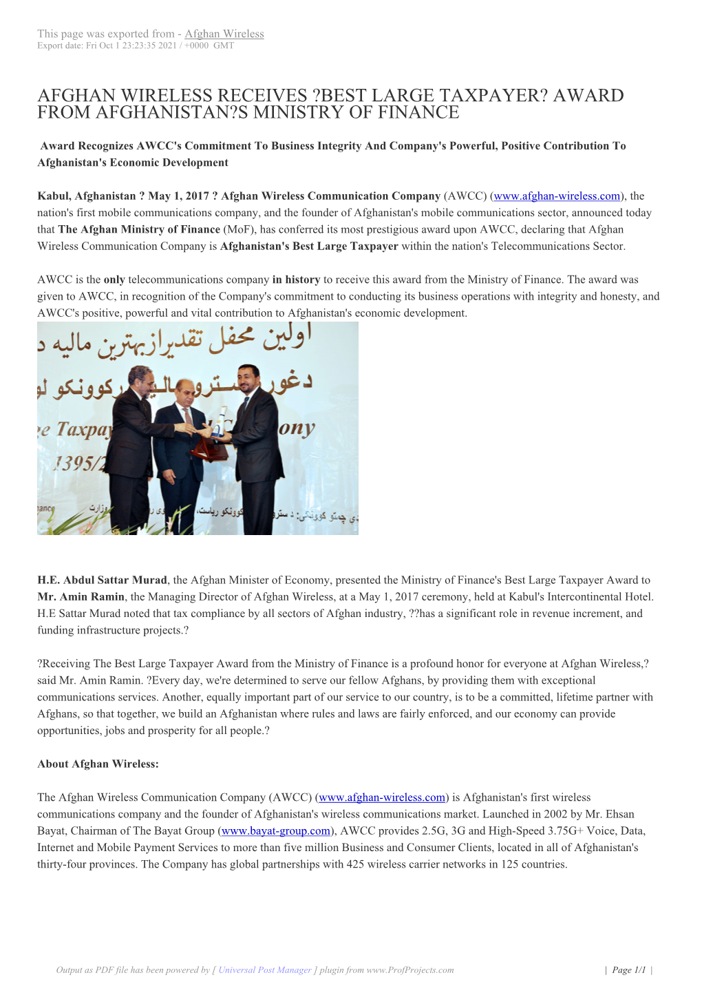 Afghan Wireless Receives ?Best Large Taxpayer? Award from Afghanistan?S Ministry of Finance