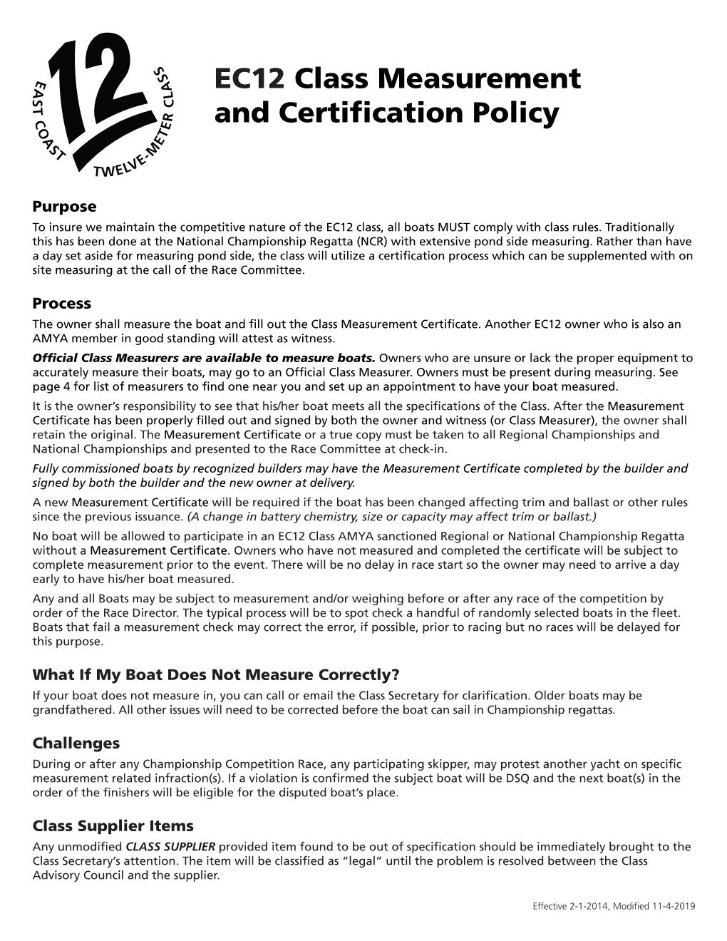 EC12 Class Measurement and Certification Policy