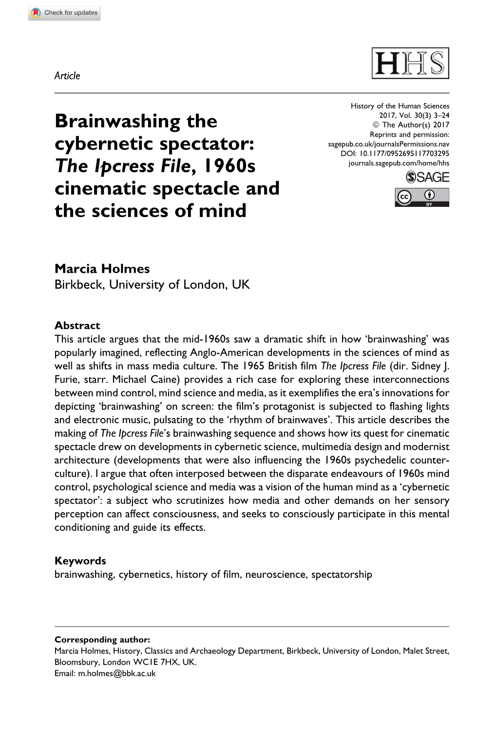 Brainwashing the Cybernetic Spectator: the Ipcress File, 1960S Cinematic Spectacle and the Sciences of Mind