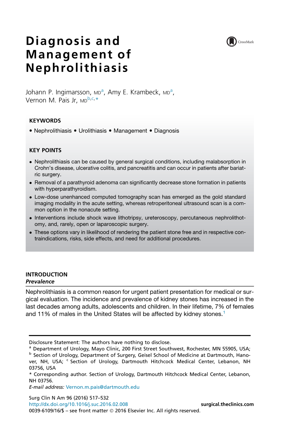 Diagnosis and Management of Nephrolithiasis