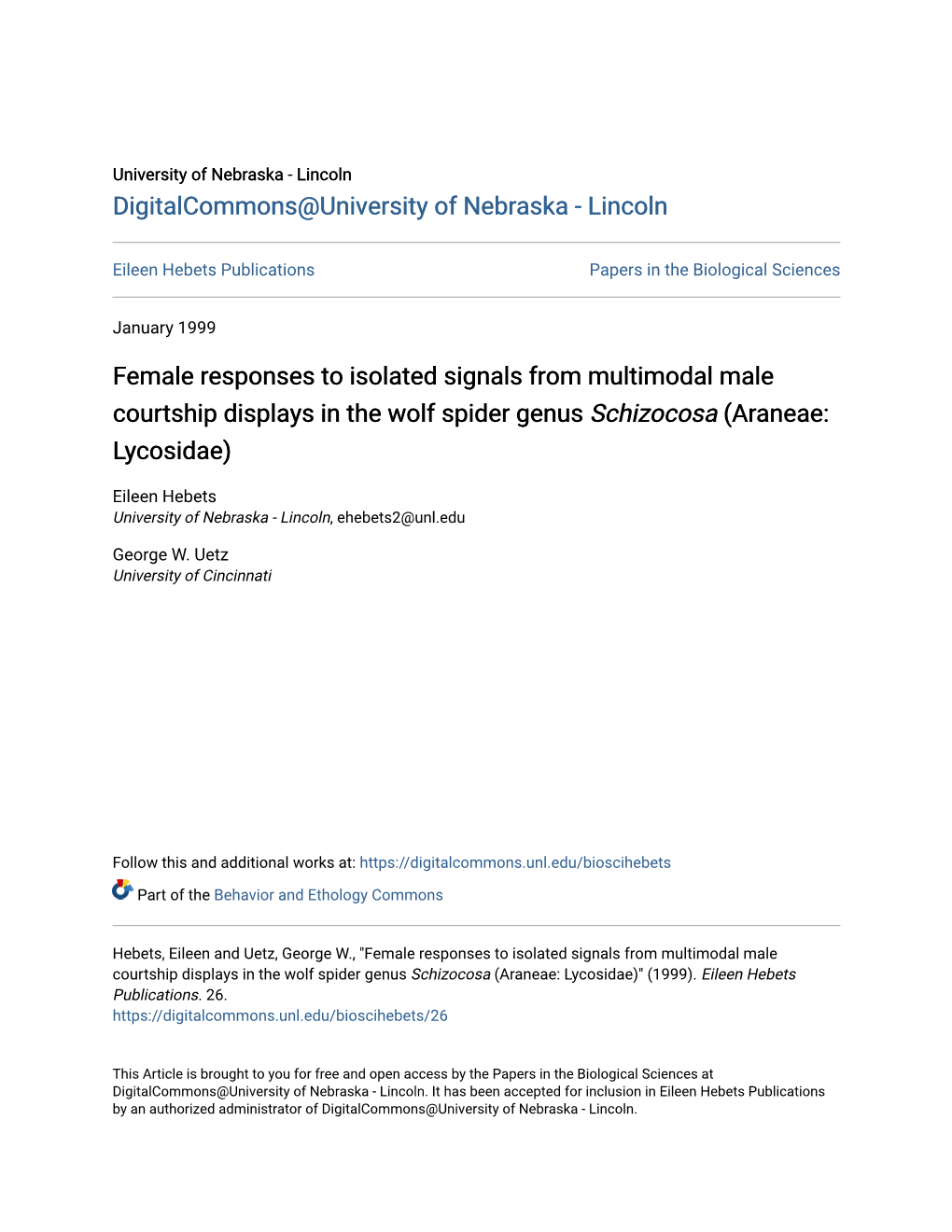 Female Responses to Isolated Signals from Multimodal Male Courtship Displays in the Wolf Spider Genus Schizocosa (Araneae: Lycosidae)