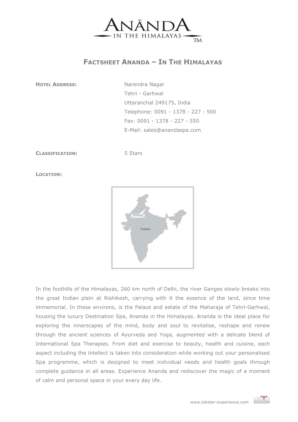 Factsheet Ananda – in the Himalayas