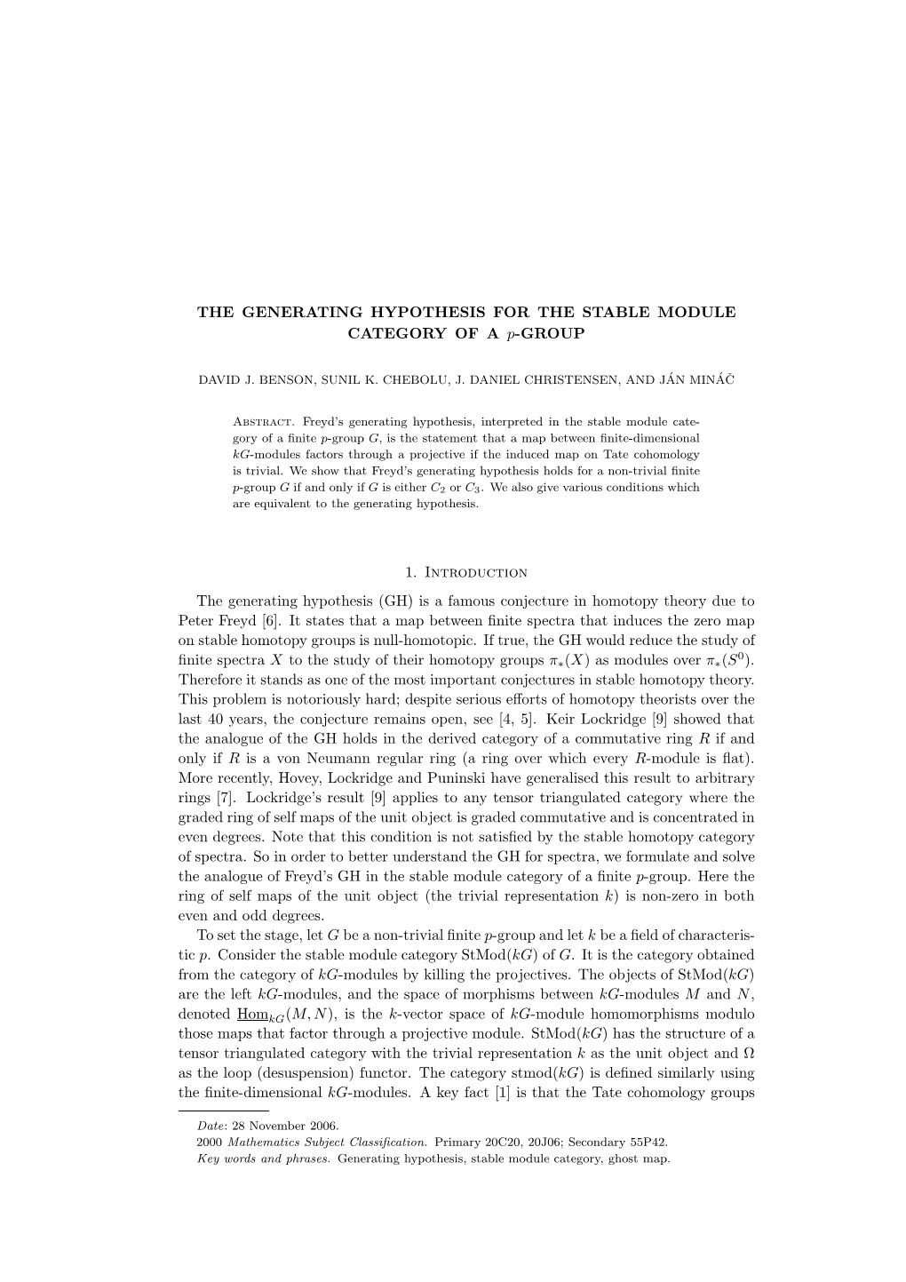 THE GENERATING HYPOTHESIS for the STABLE MODULE CATEGORY of a P-GROUP