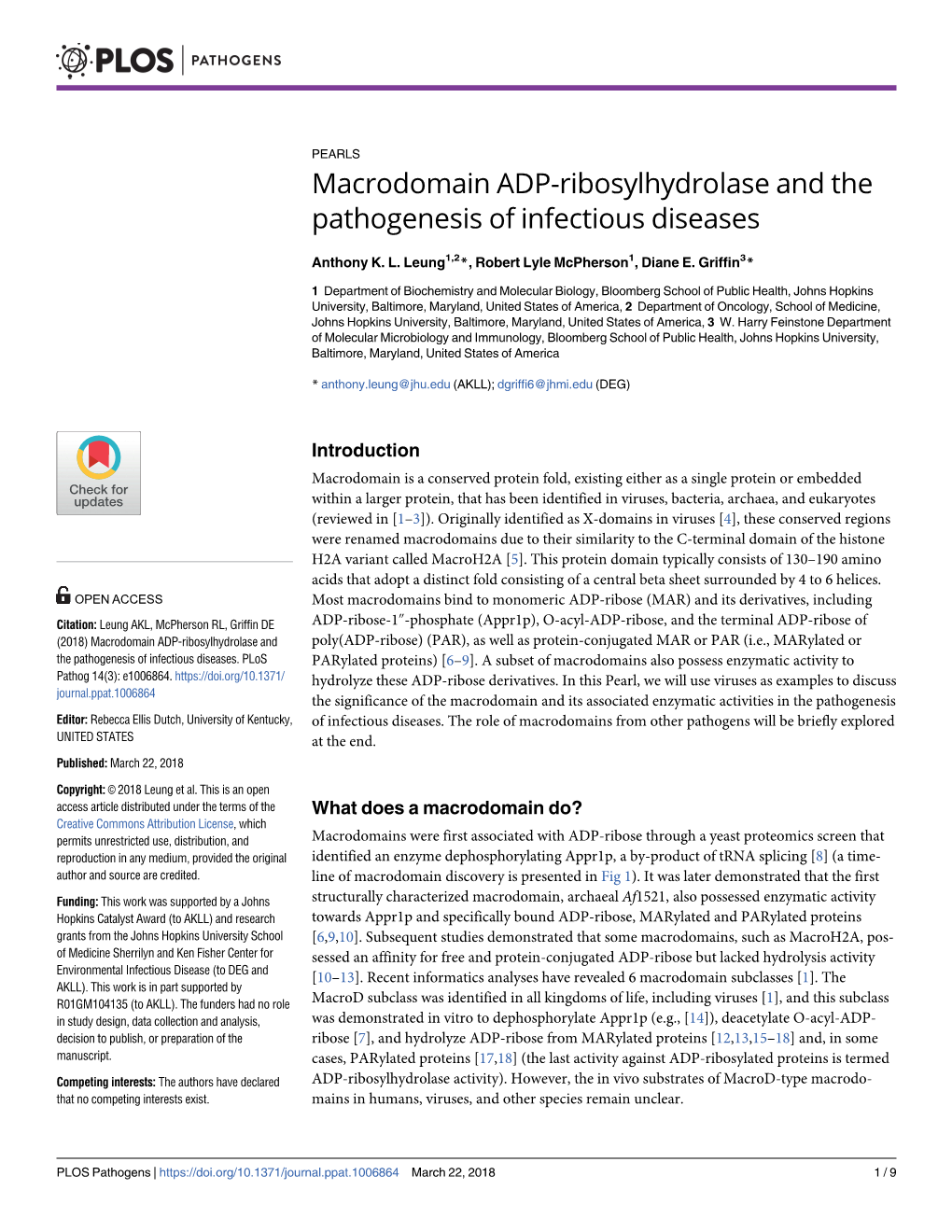 Macrodomain ADP-Ribosylhydrolase and the Pathogenesis of Infectious Diseases