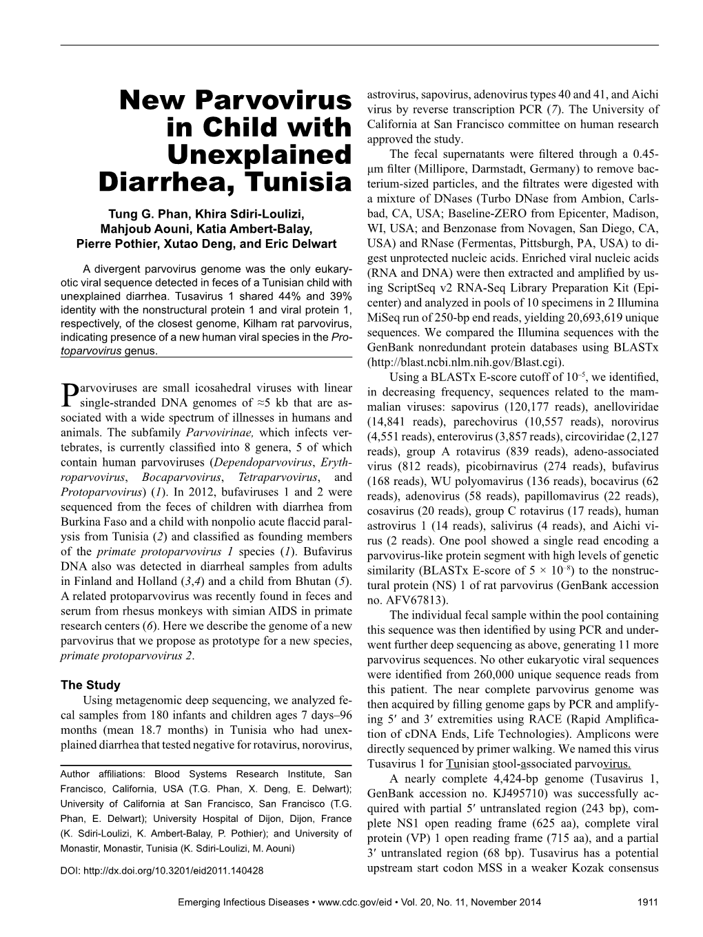 New Parvovirus in Child with Unexplained Diarrhea, Tunisia