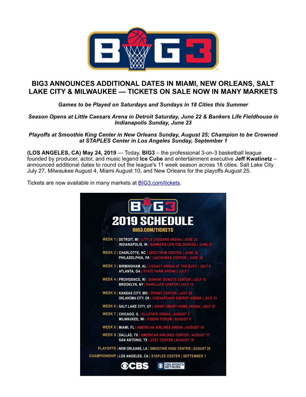 New 2019 Cities & Dates BIG3 Press Release