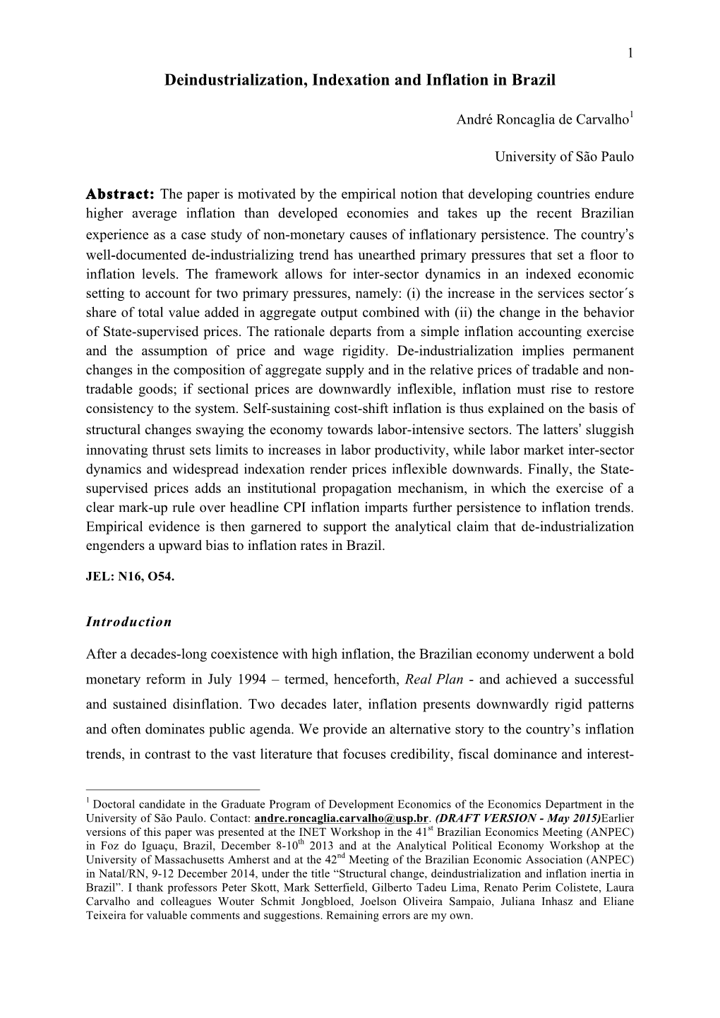 Deindustrialization, Indexation and Inflation in Brazil