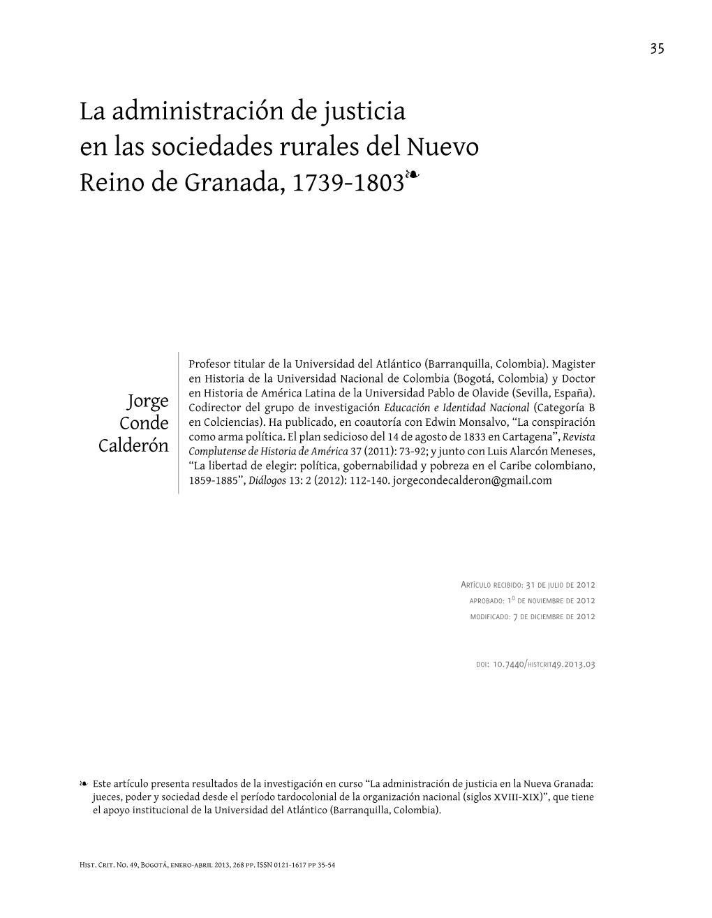 La Administración De Justicia En Las Sociedades Rurales Del Nuevo Ï Reino De Granada, 1739-1803