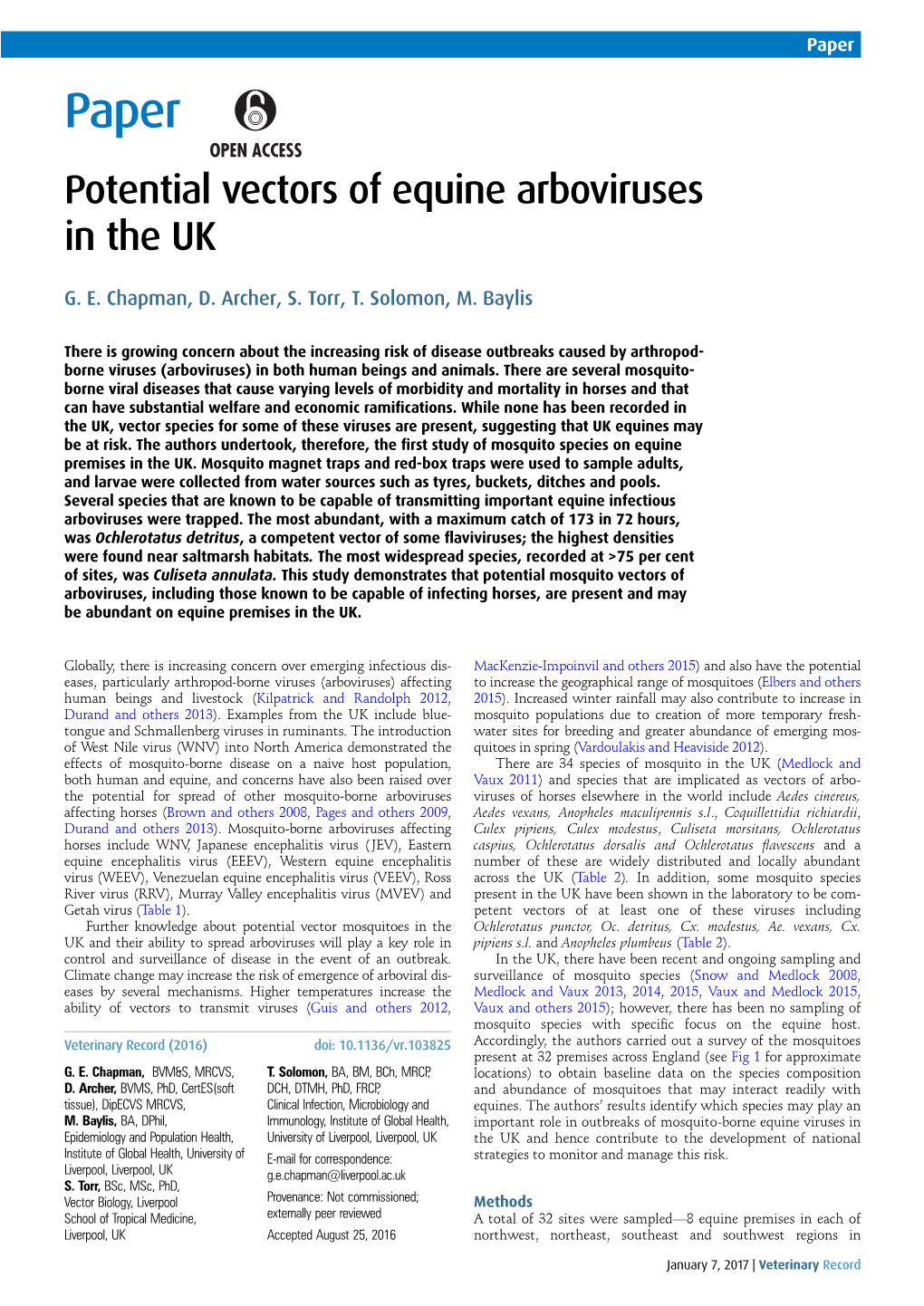 Potential Vectors of Equine Arboviruses in the UK