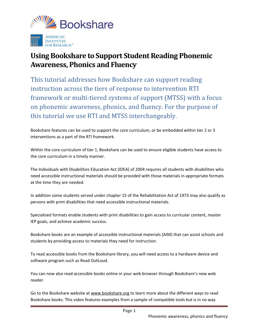 Using Bookshare to Support Student Reading Phonemic Awareness, Phonics and Fluency