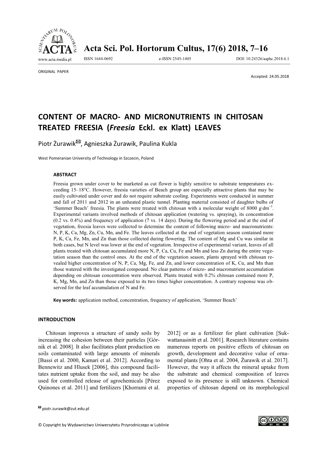 AND MICRONUTRIENTS in CHITOSAN TREATED FREESIA (Freesia Eckl