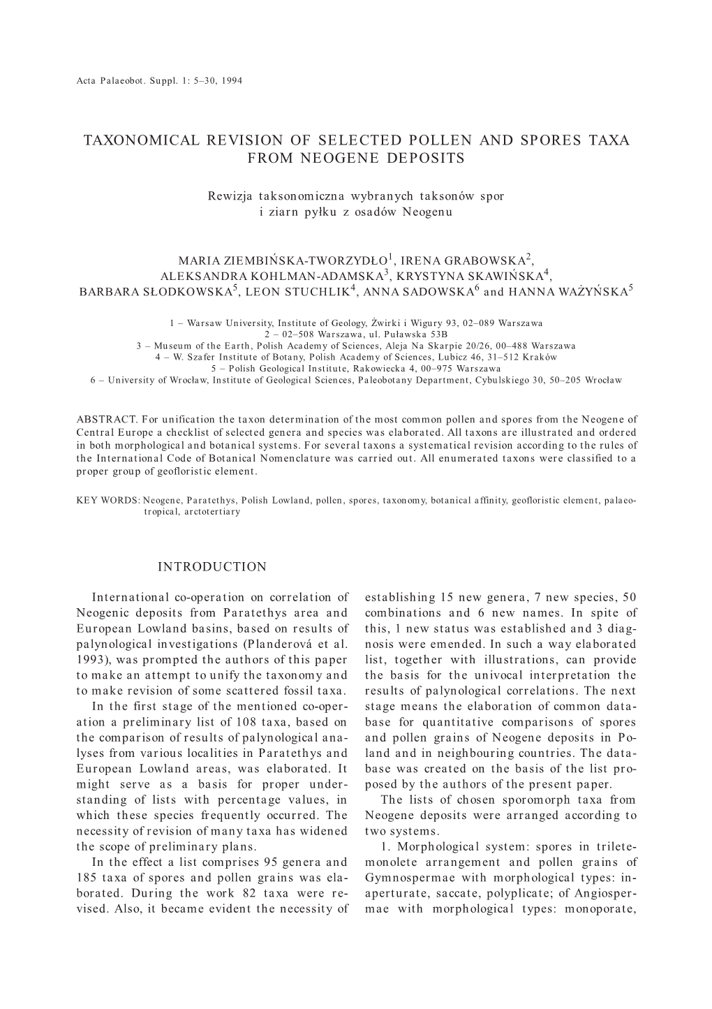 Taxonomical Revision of Selected Pollen and Spores Taxa from Neogene Deposits