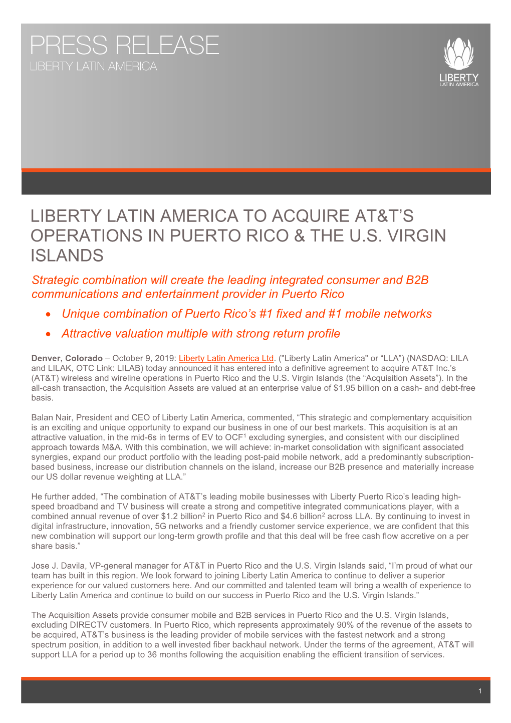 Liberty Latin America to Acquire At&T's Operations in Puerto Rico & the Us