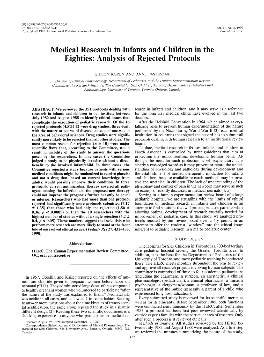 Medical Research in Infants and Children in the Eighties: Analysis of Rejected Protocols