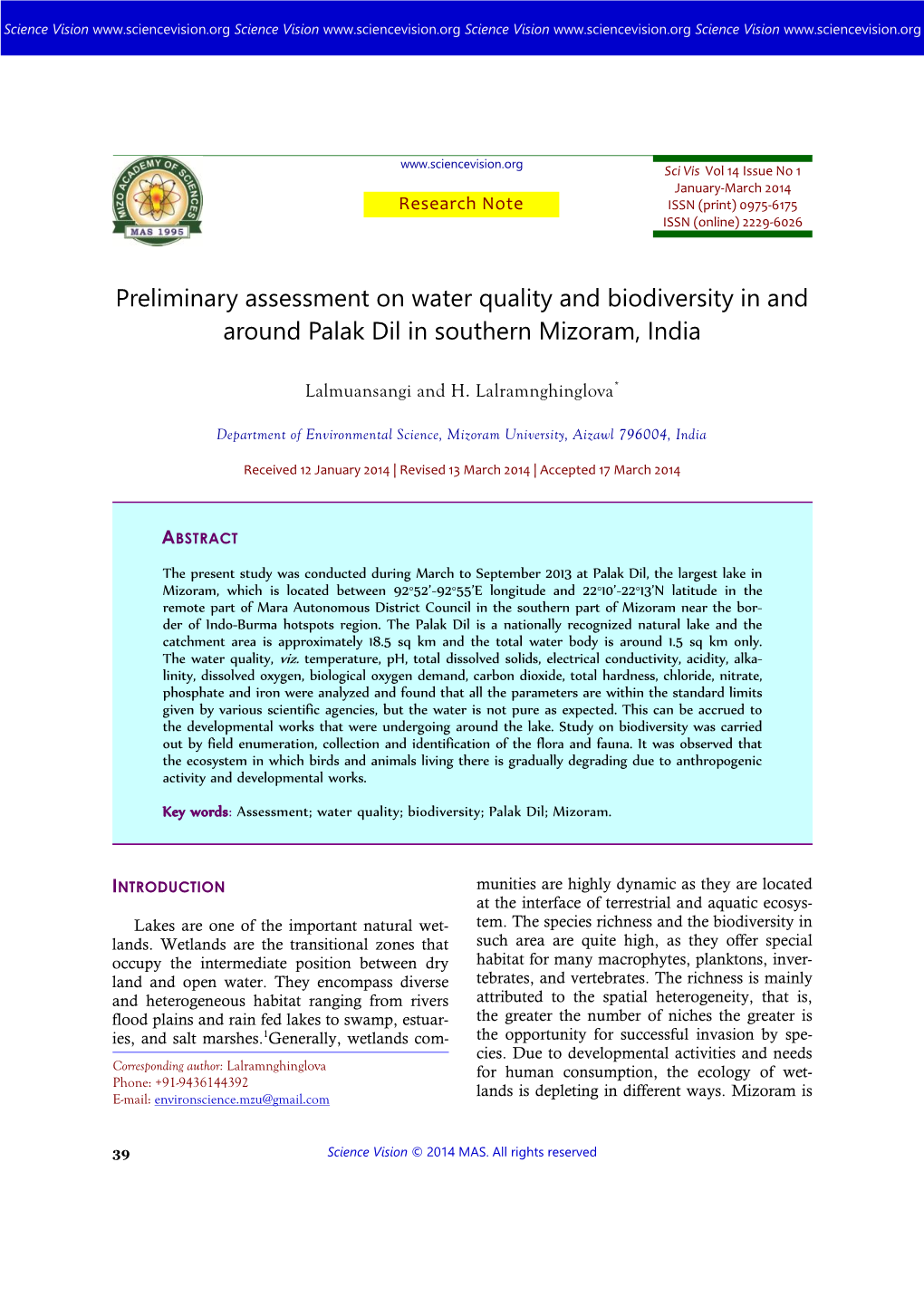 Preliminary Assessment on Water Quality and Biodiversity in and Around Palak Dil in Southern Mizoram, India