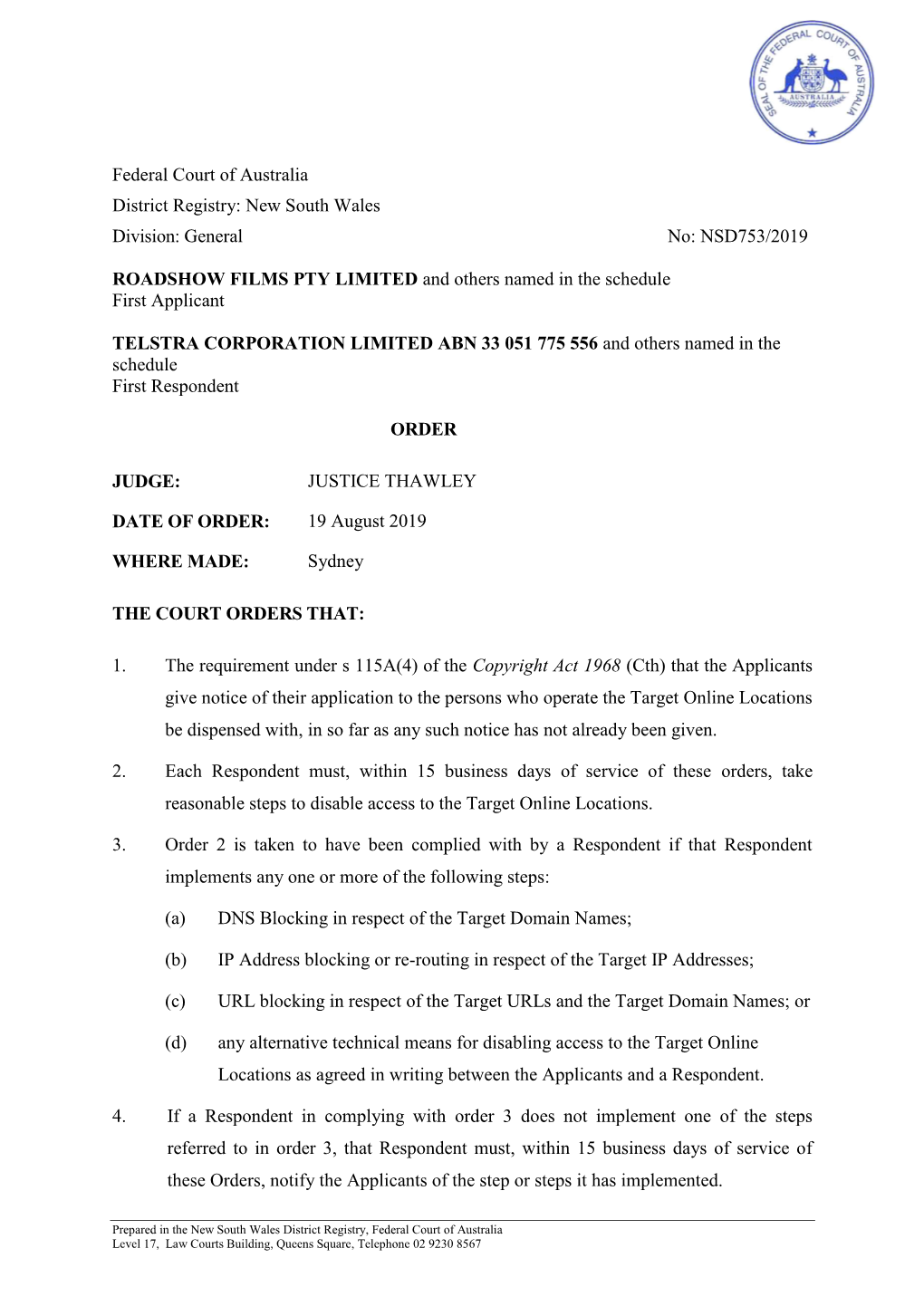 Federal Court of Australia District Registry: New South Wales Division: General No: NSD753/2019