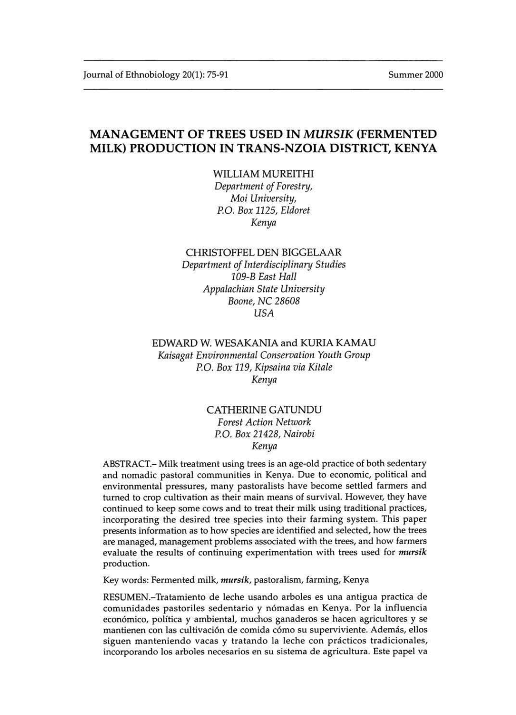 Management of Trees Used in Mursik (Fermented Milk) Production in Trans-Nzoia District, Kenya