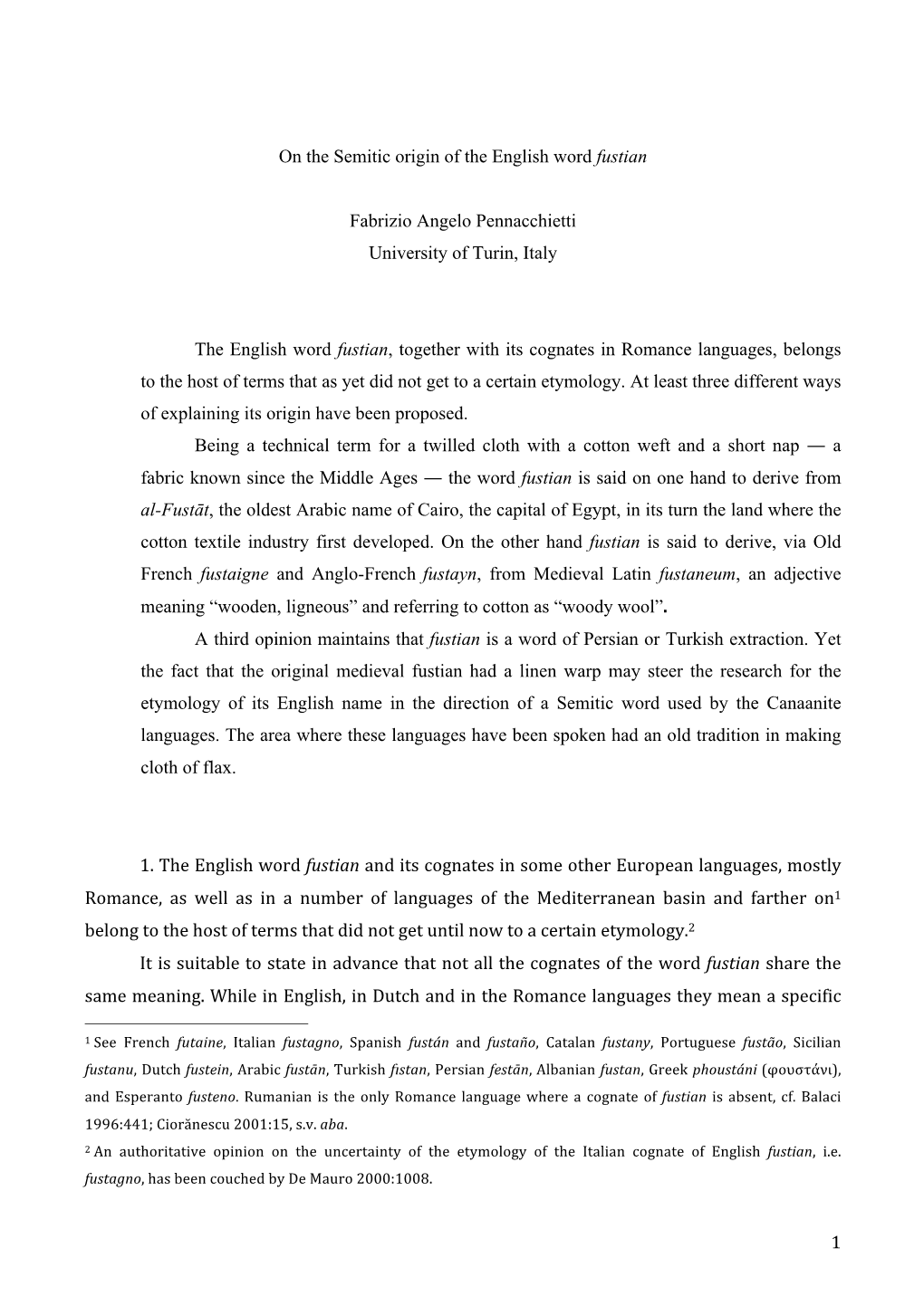 1 on the Semitic Origin of the English Word Fustian Fabrizio Angelo