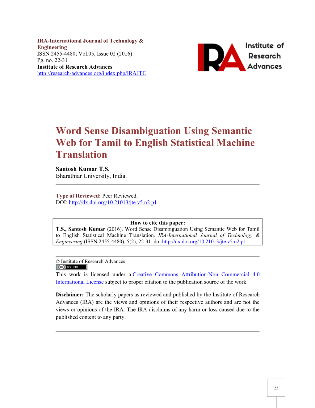 Word Sense Disambiguation Using Semantic Web for Tamil to English Statistical Machine Translation Santosh Kumar T.S