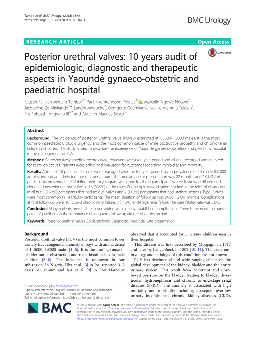 Posterior Urethral Valves: 10 Years Audit of Epidemiologic, Diagnostic