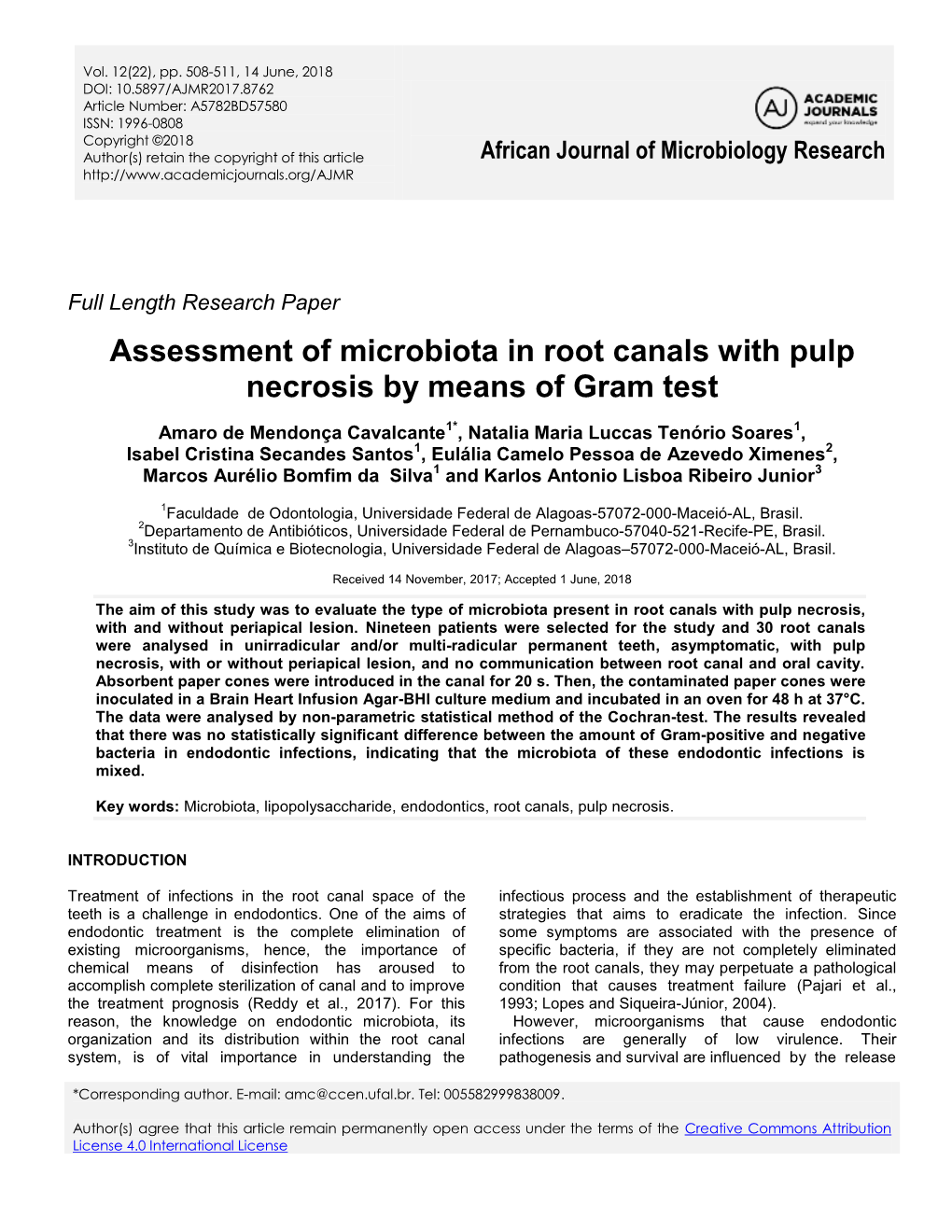 Assessment of Microbiota in Root Canals with Pulp Necrosis by Means of Gram Test
