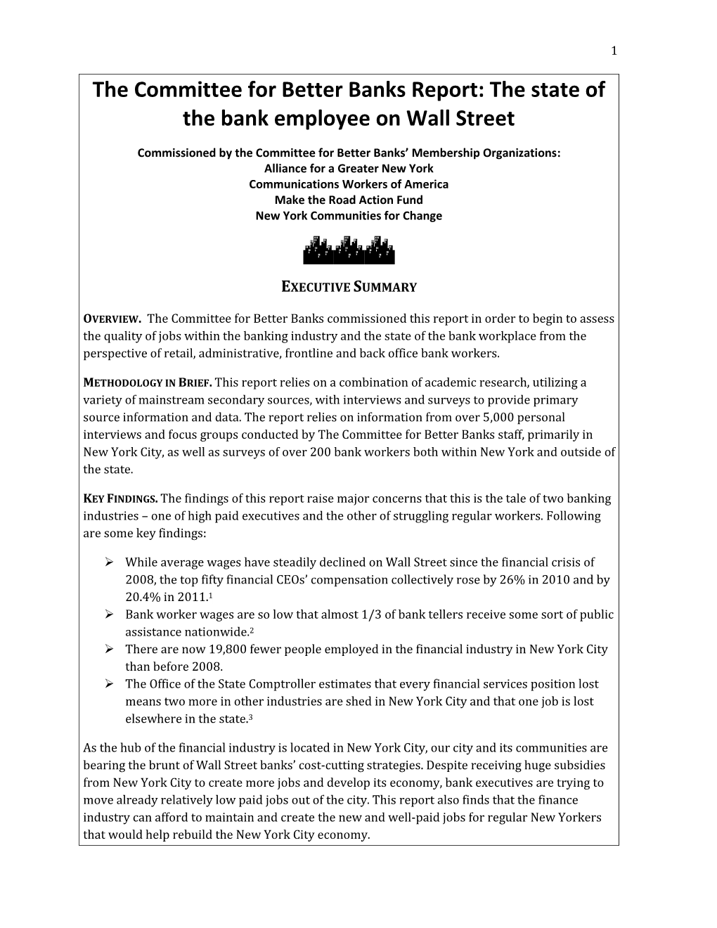 Committee for Better Banks Report: the State of the Bank Employee on Wall Street