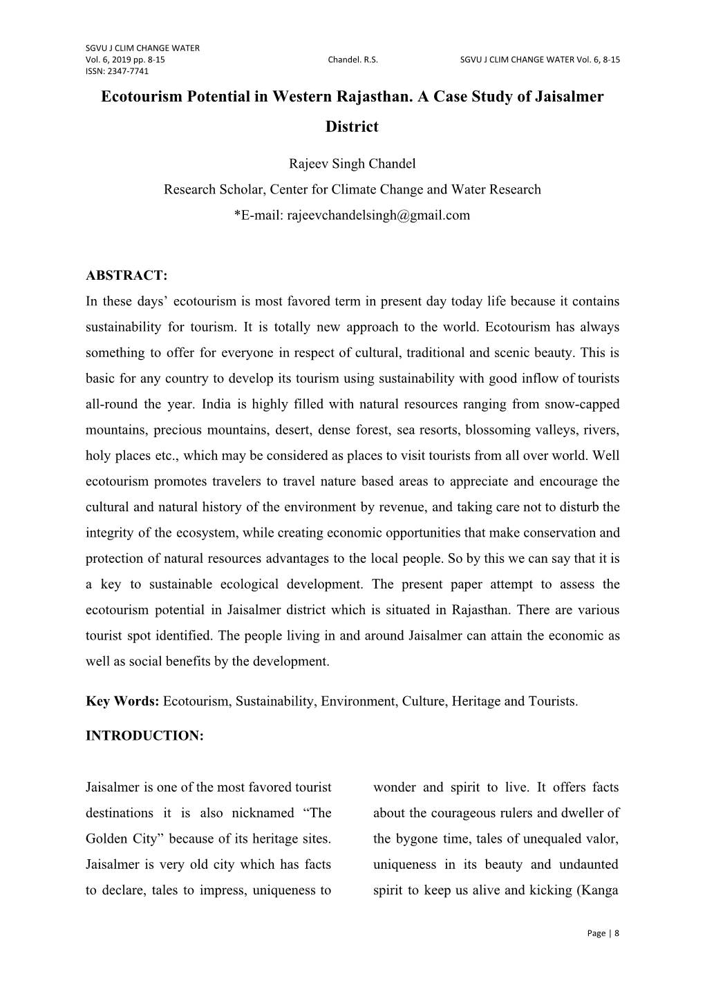 Ecotourism Potential in Western Rajasthan. a Case Study of Jaisalmer District