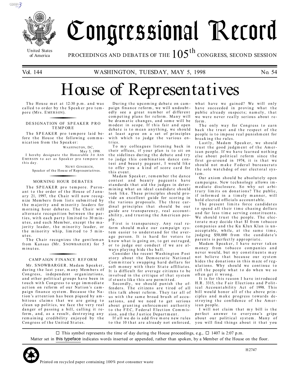 Congressional Record United States Th of America PROCEEDINGS and DEBATES of the 105 CONGRESS, SECOND SESSION