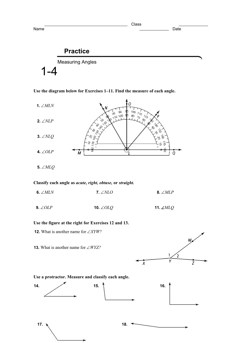 Use the Diagram Below for Exercises 1 11. Find the Measure of Each Angle