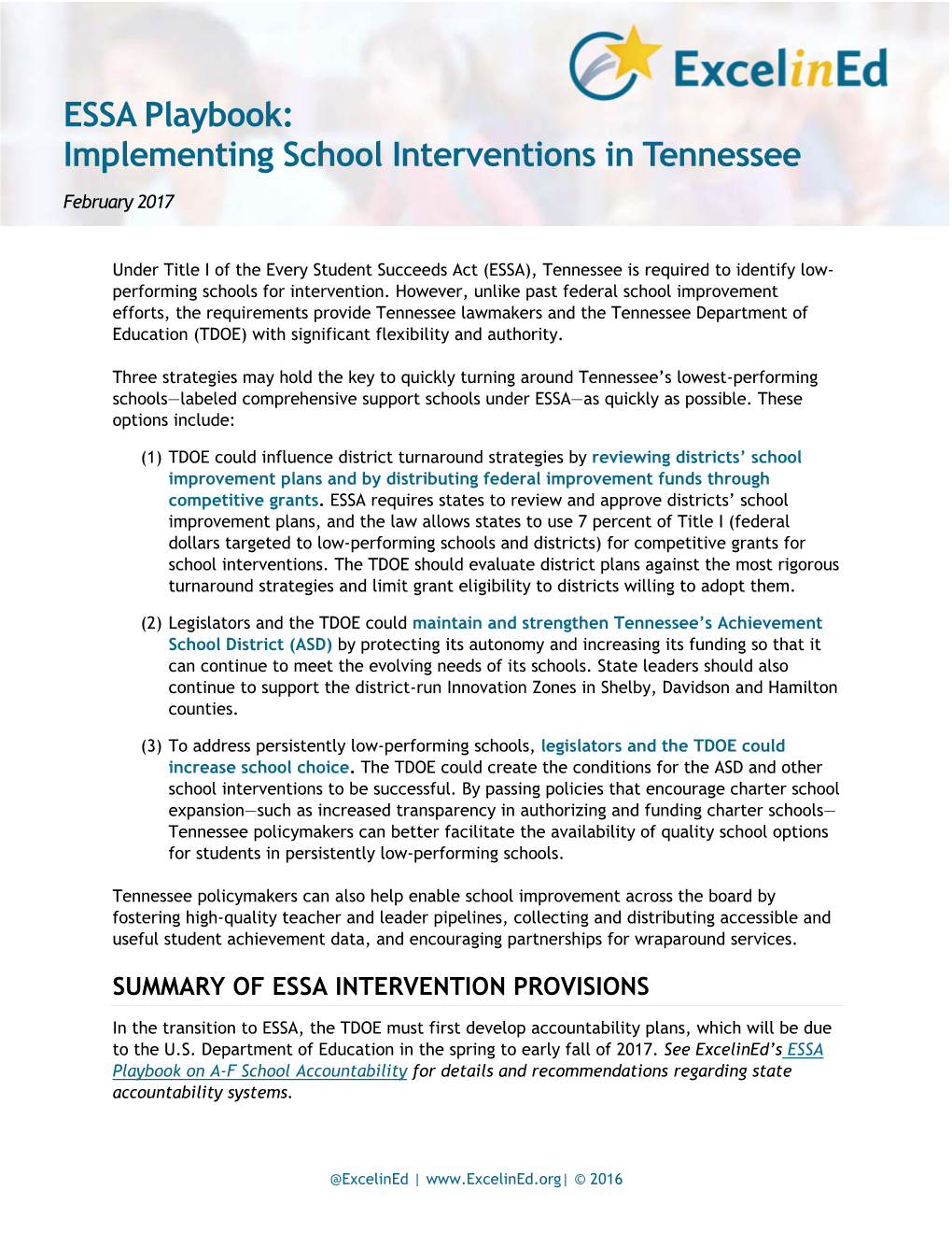 ESSA Playbook: Implementing School Interventions in Tennessee