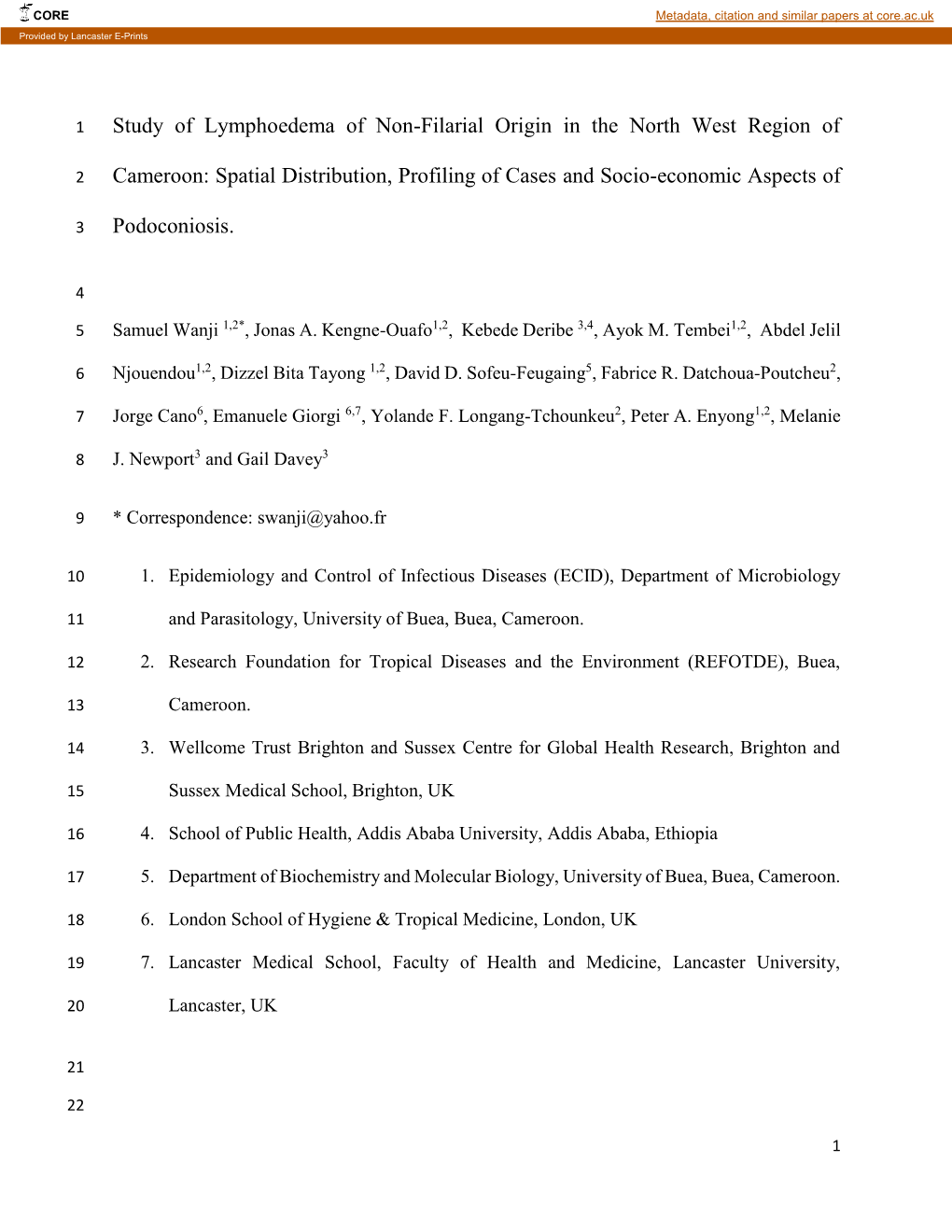 Study of Lymphoedema of Non-Filarial Origin in the North West Region Of