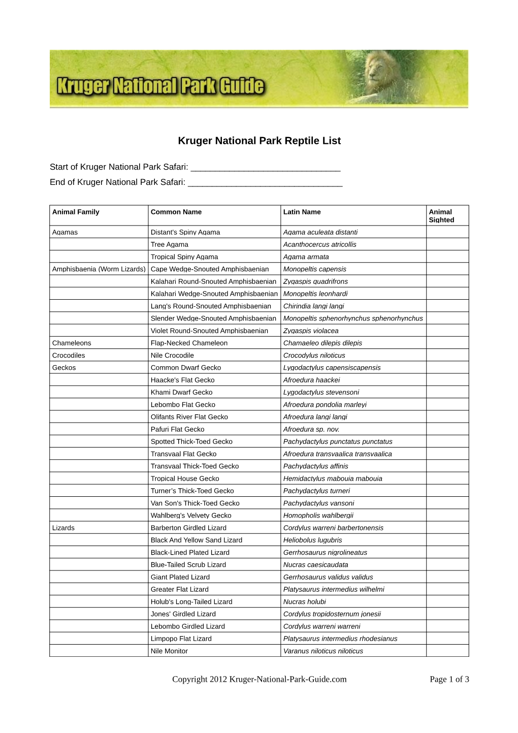 Kruger National Park Reptile List