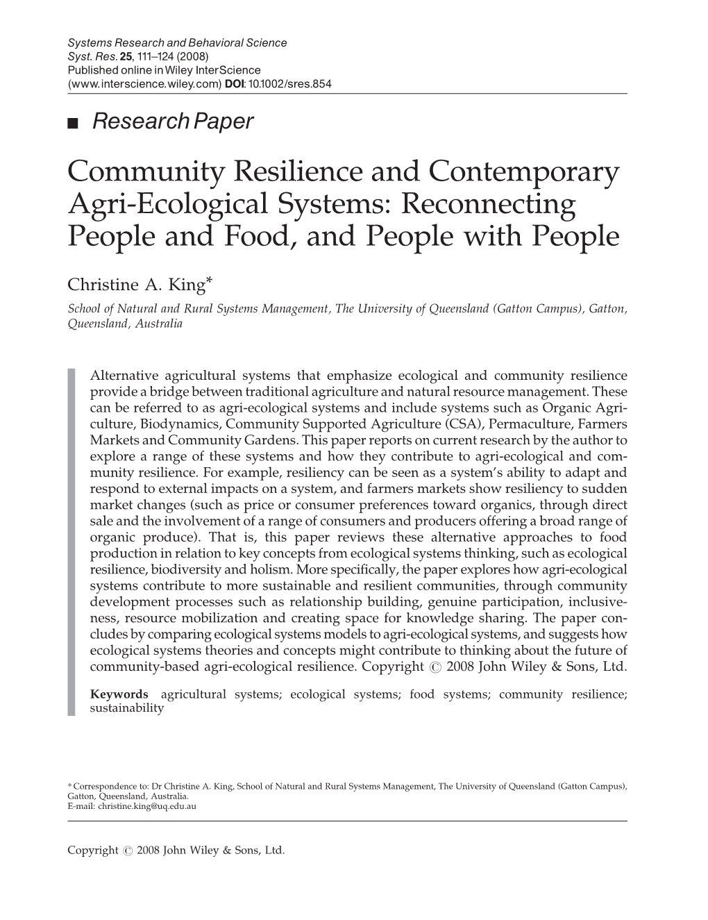 (2008). Community Resilience and Contemporary Agri-Ecological Systems